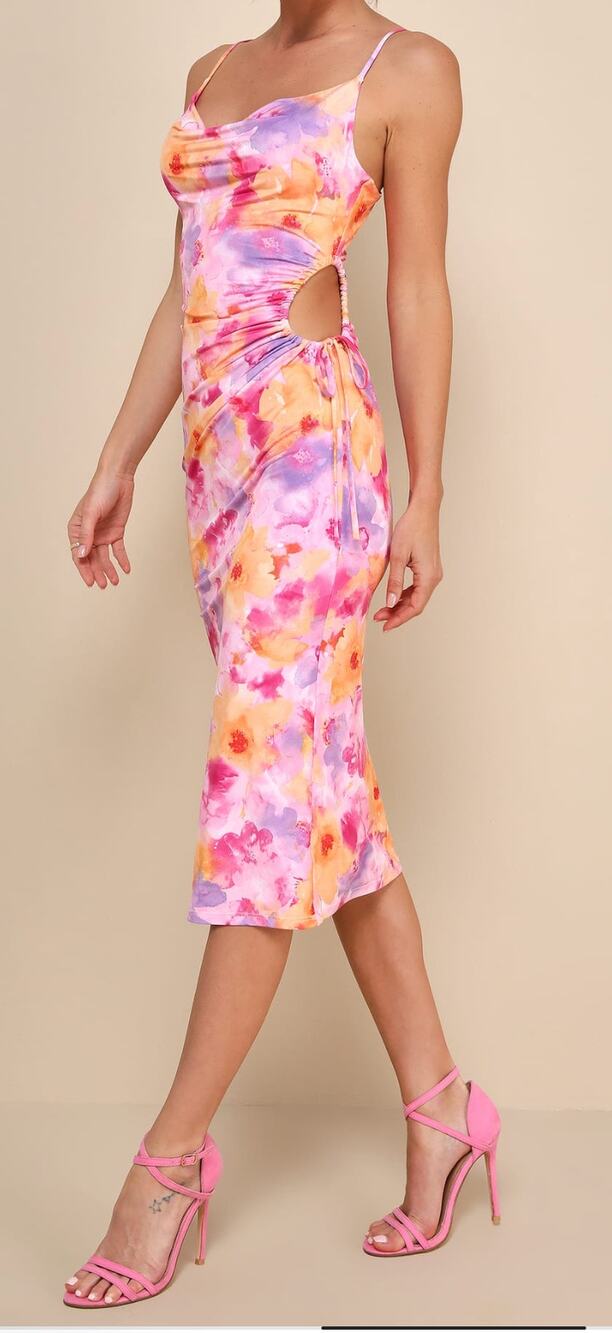 Lulus Vibrant Babe Floral Cutout Drawstring Midi Dress Pink Purple Orange Medium